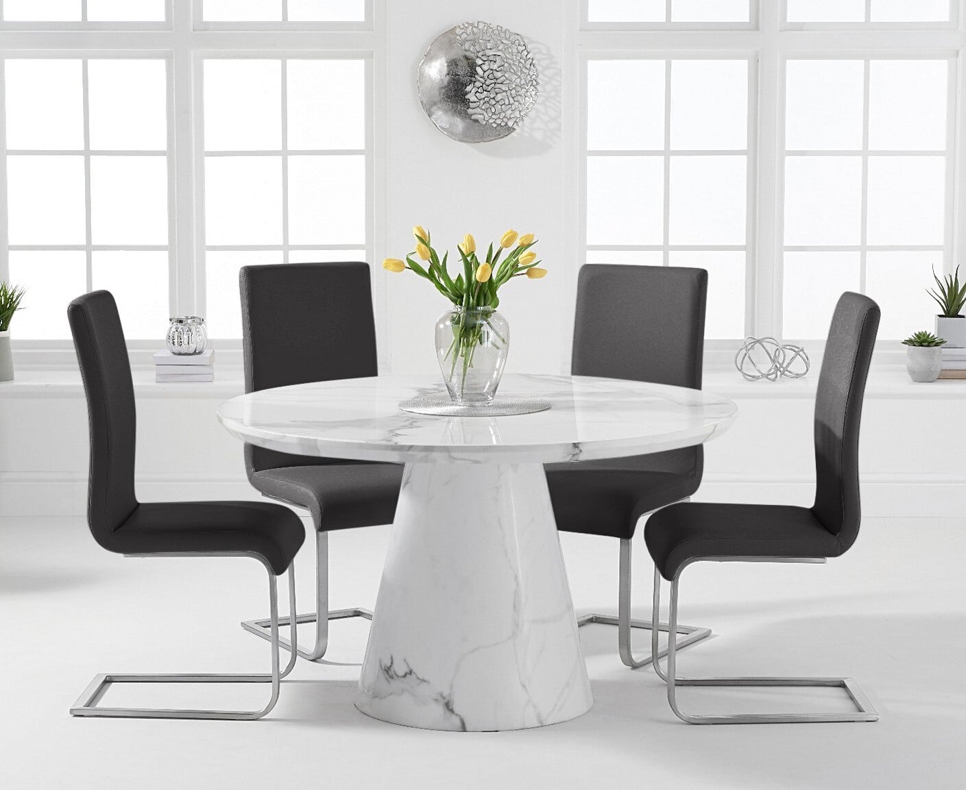 Ravello 130cm Round White Marble Dining Table with 4 Grey Austin Chairs