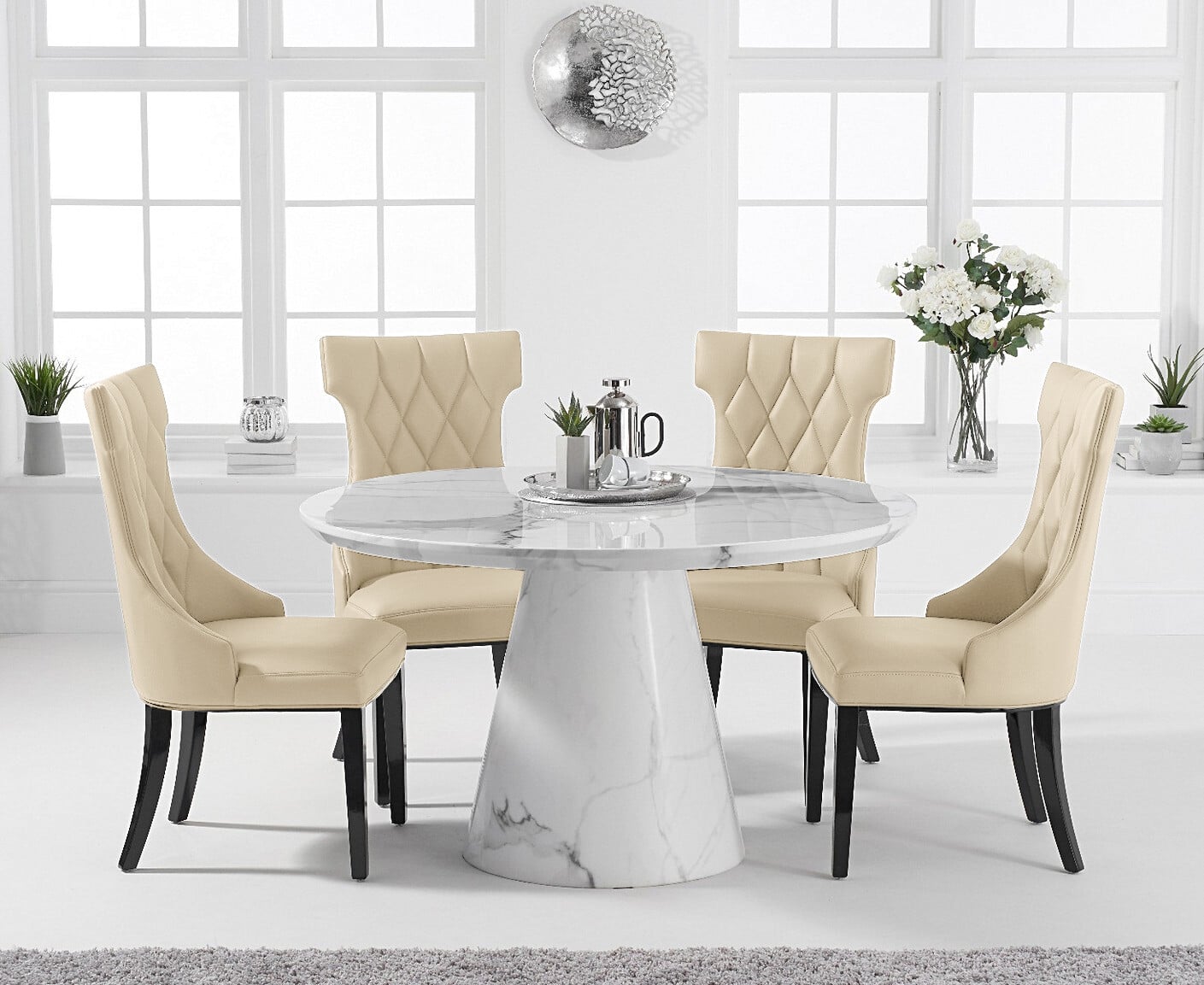 Ravello 130cm Round White Marble Dining Table with 6 Grey Sophia Chairs