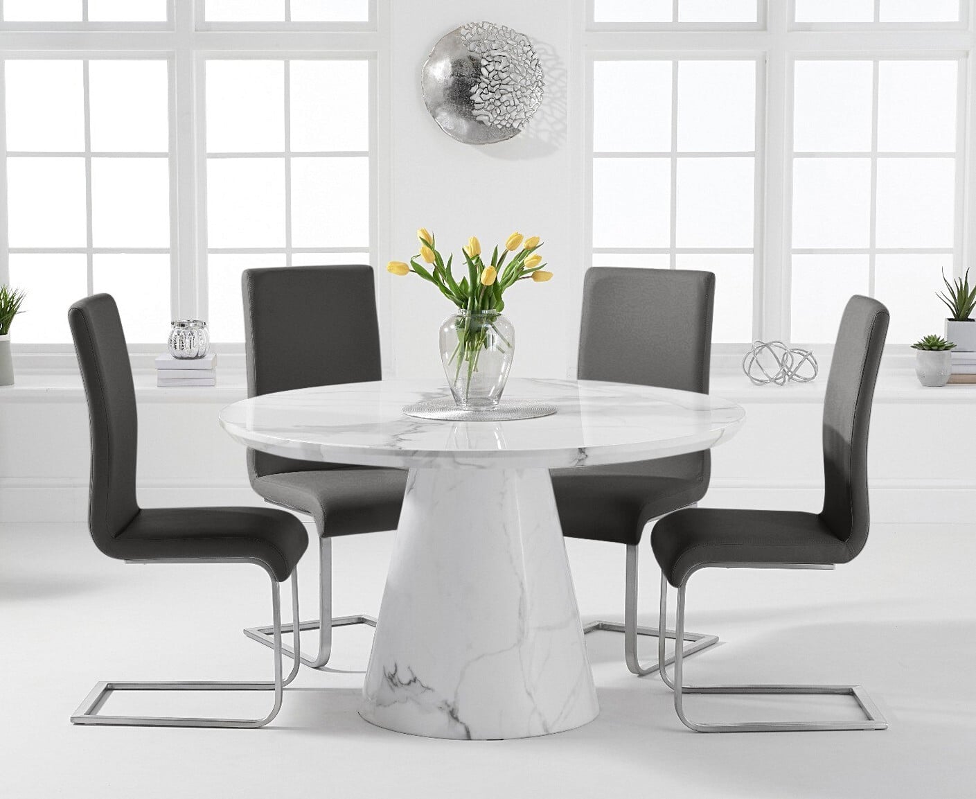 Ravello 130cm Round White Marble Dining Table With 4 Grey Austin Chairs