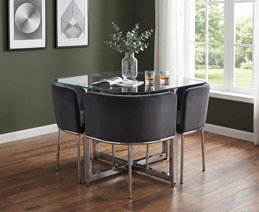Rhodes Clear Glass Dining Table with 4 Grey Rhodes Chairs