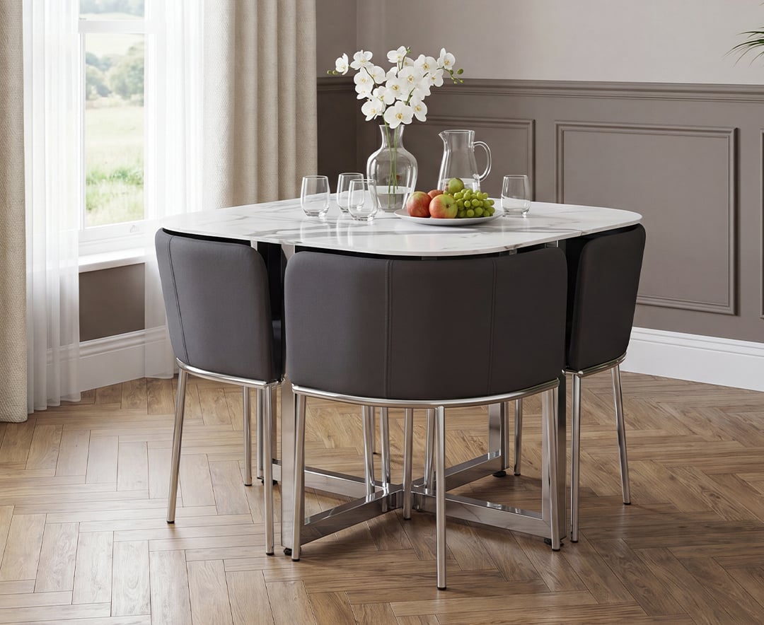Rhodes White Marble Effect Ceramic Dining Table with 4 Grey Rhodes Chairs