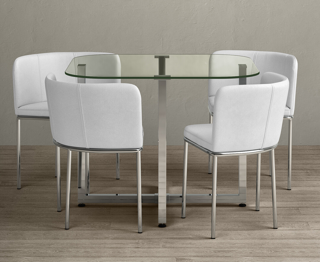 Rhodes Clear Glass Dining Table with 4 White Rhodes Chairs