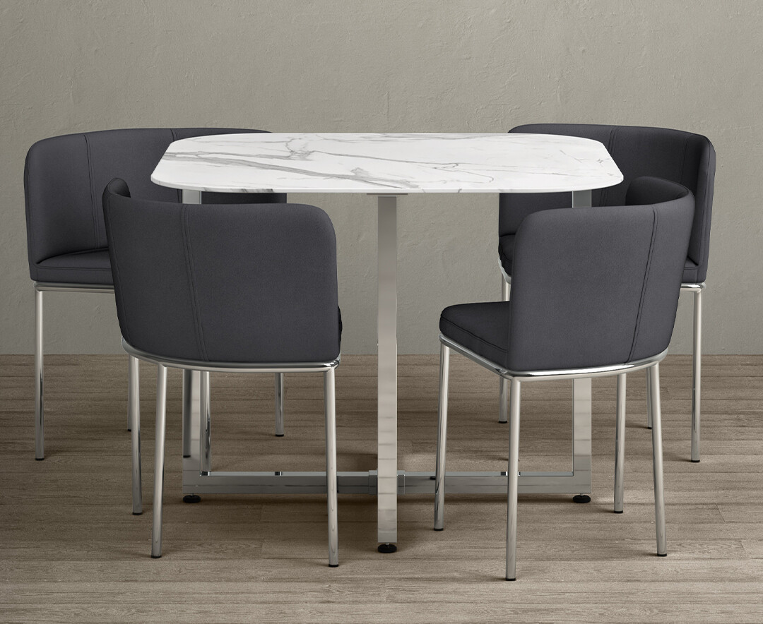 Rhodes White Marble Effect Ceramic Dining Table With 4 Grey Rhodes Chairs
