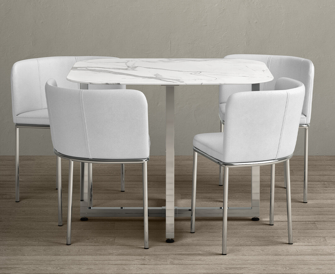 Rhodes White Marble Effect Ceramic Dining Table with 4 White Rhodes Chairs