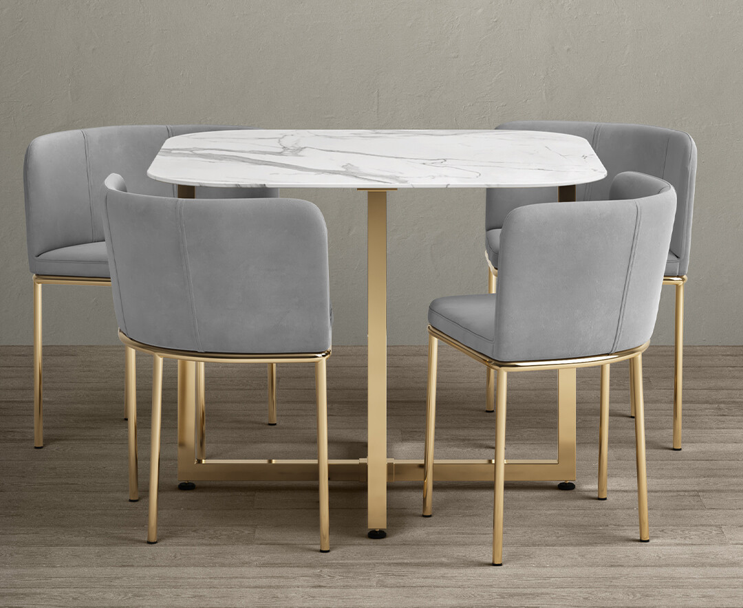 Rhodes White Marble Effect Ceramic Gold Leg Dining Table with 4 Grey Rhodes Chairs thumbnail