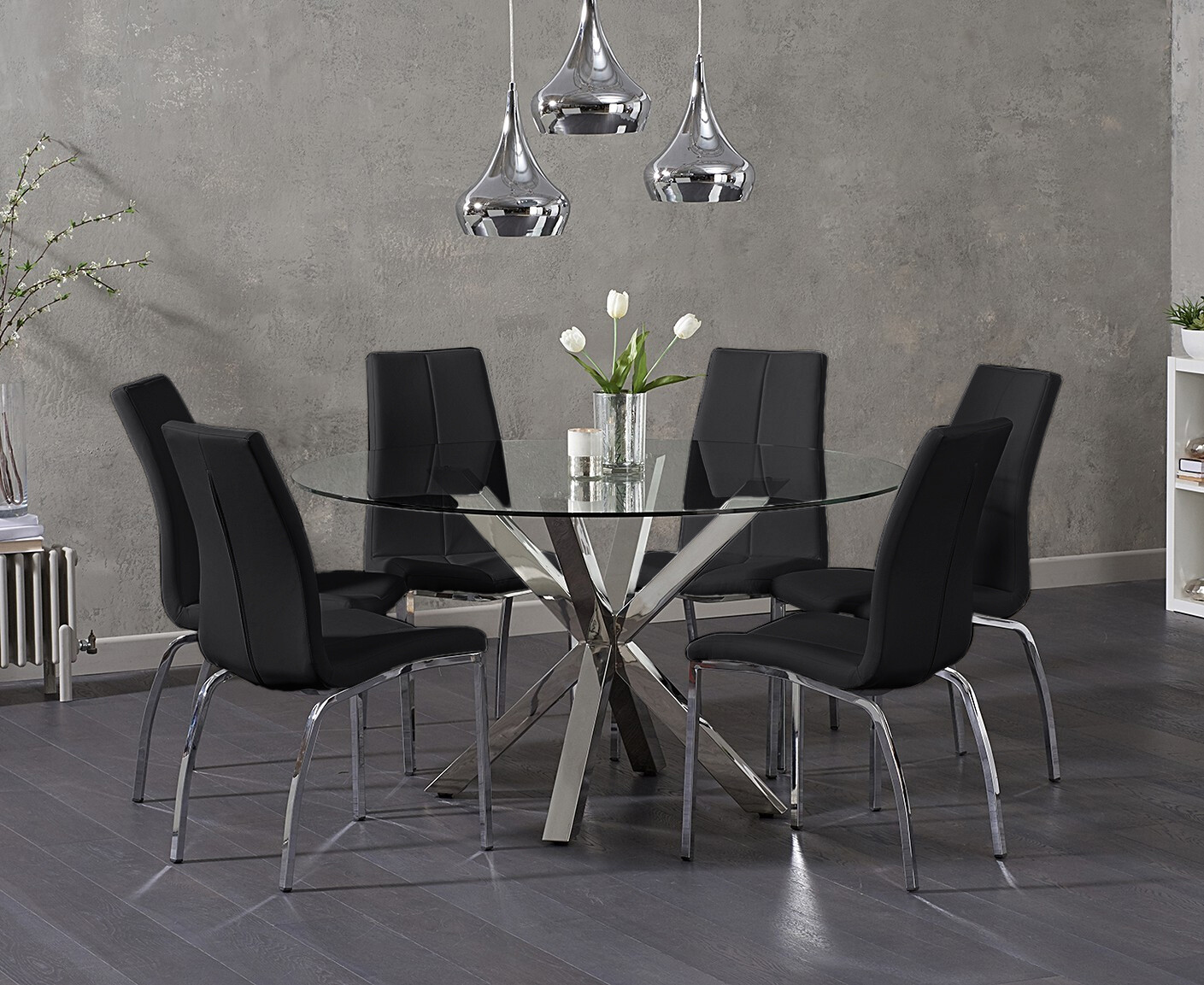 Rodin Round Glass Dining Table With 4 Black Marco Chairs