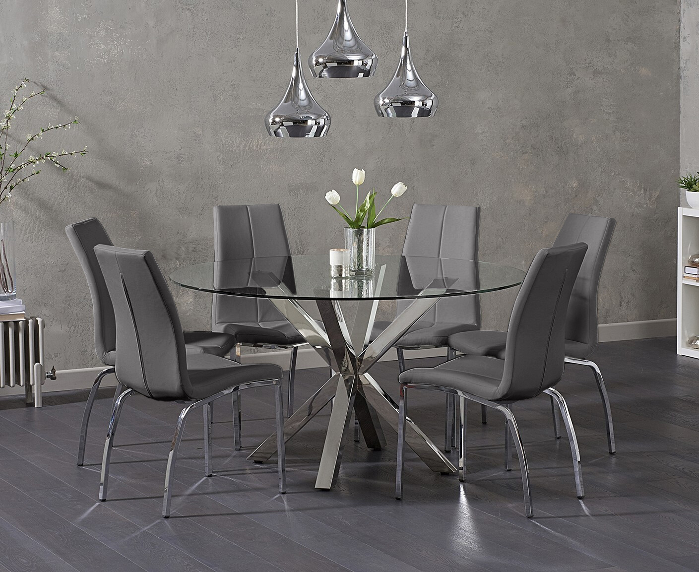 Rodin Round Glass Dining Table With 4 Grey Marco Chairs