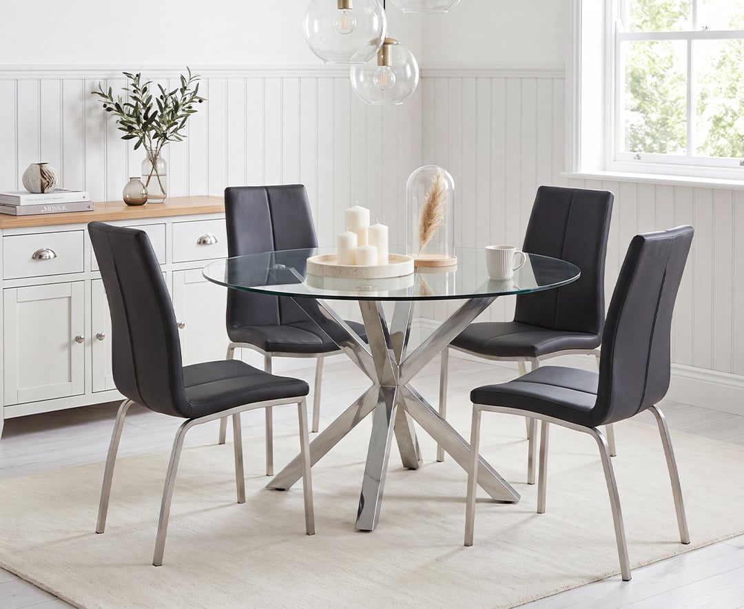 Rodin Round Glass Dining Table with 4 Black Marco Chairs
