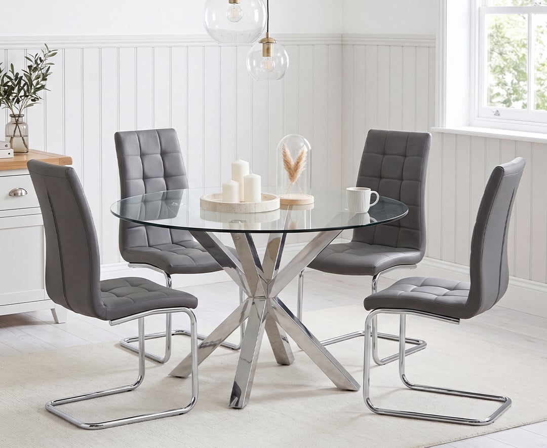 Rodin Round Glass Dining Table with 4 Grey Vigo Chairs
