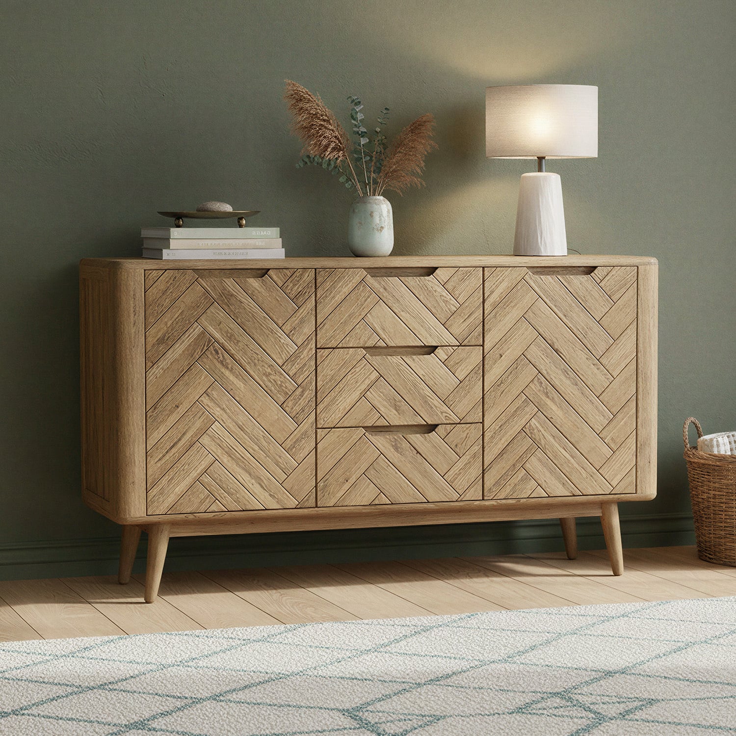 Solid Oak Large Sideboard | Herringbone Detail