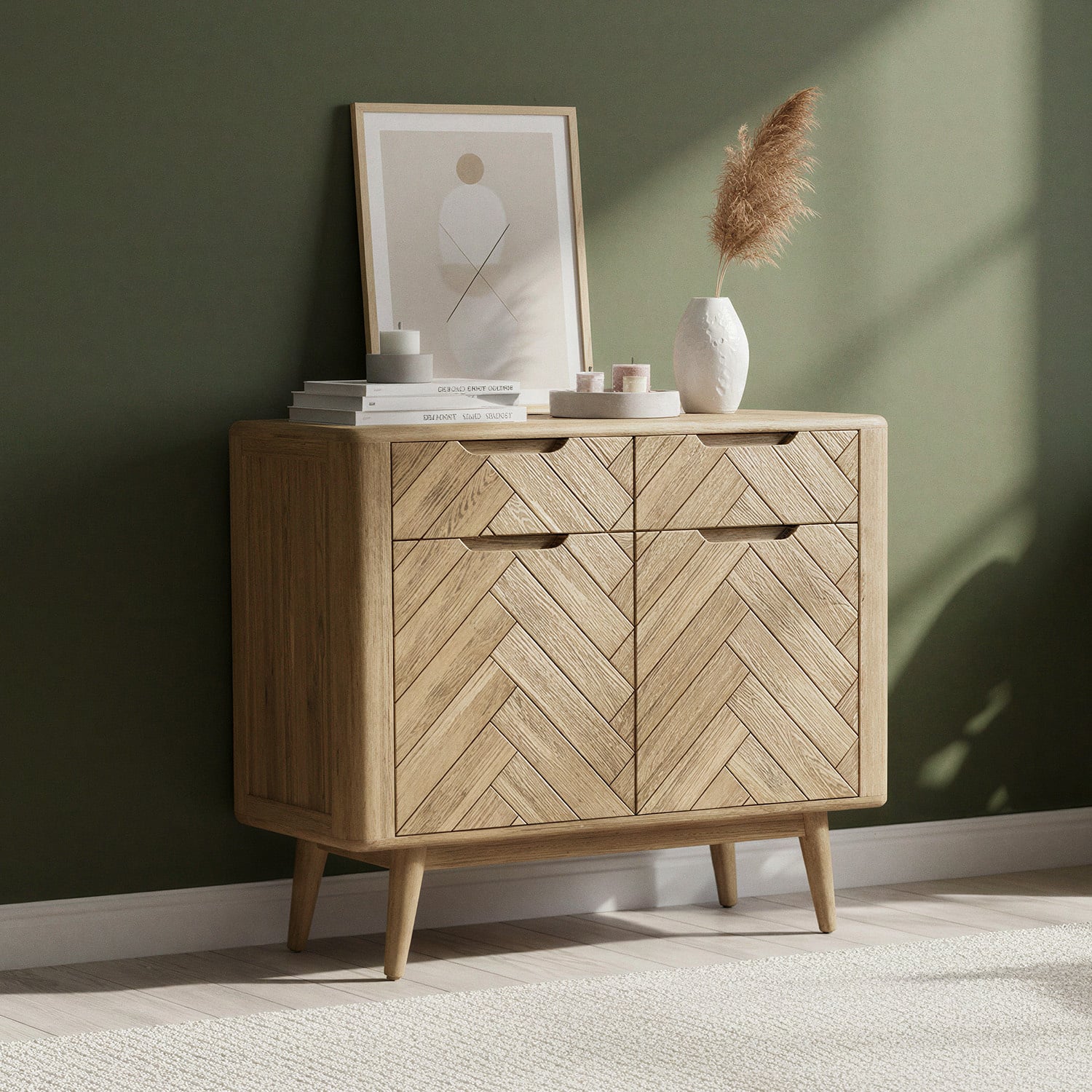 Solid Oak Small Sideboard | Herringbone Detail