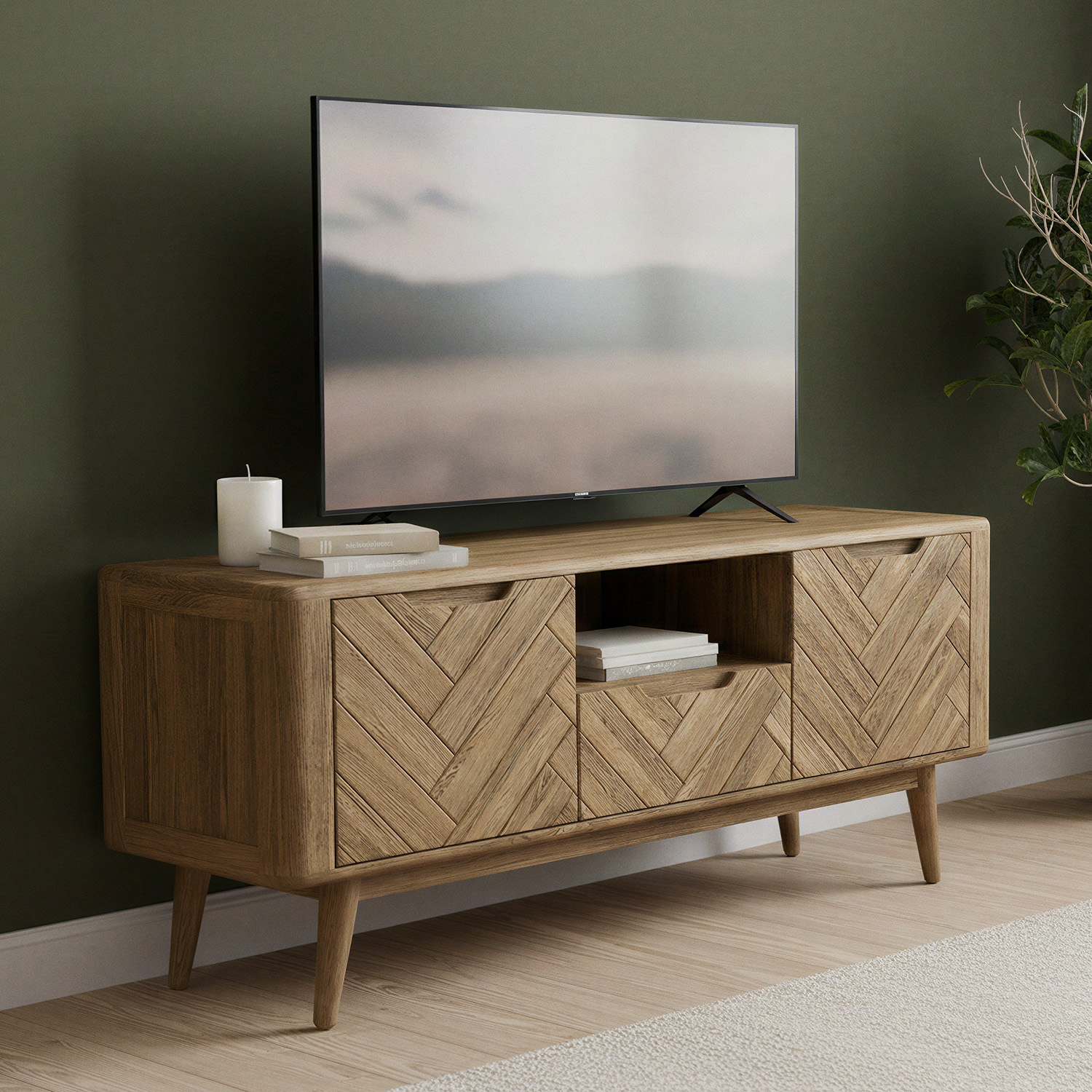 Solid Oak Large Tv Cabinet Herringbone Detail