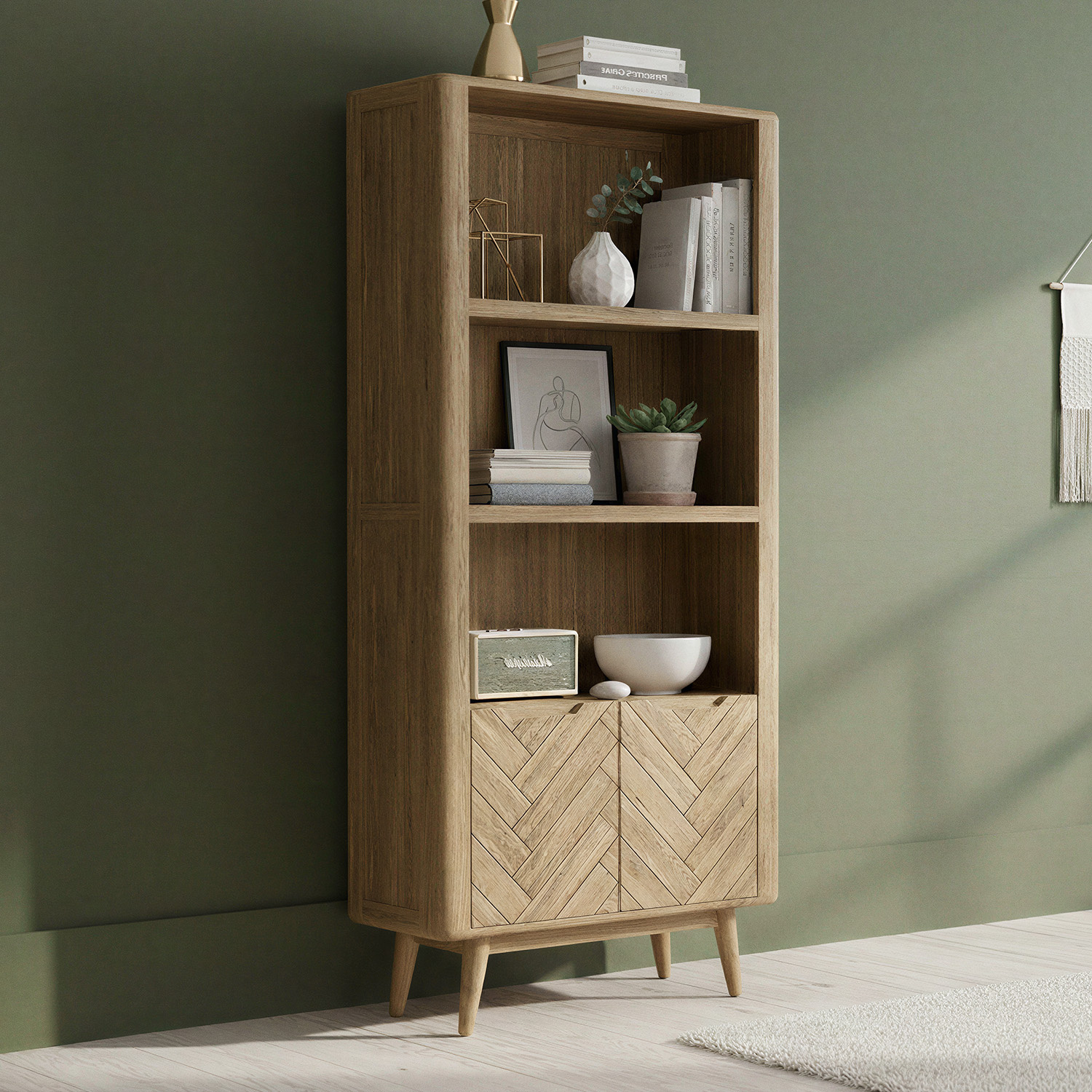 Solid Oak Tall Bookcase With Cupboard Herringbone Detail