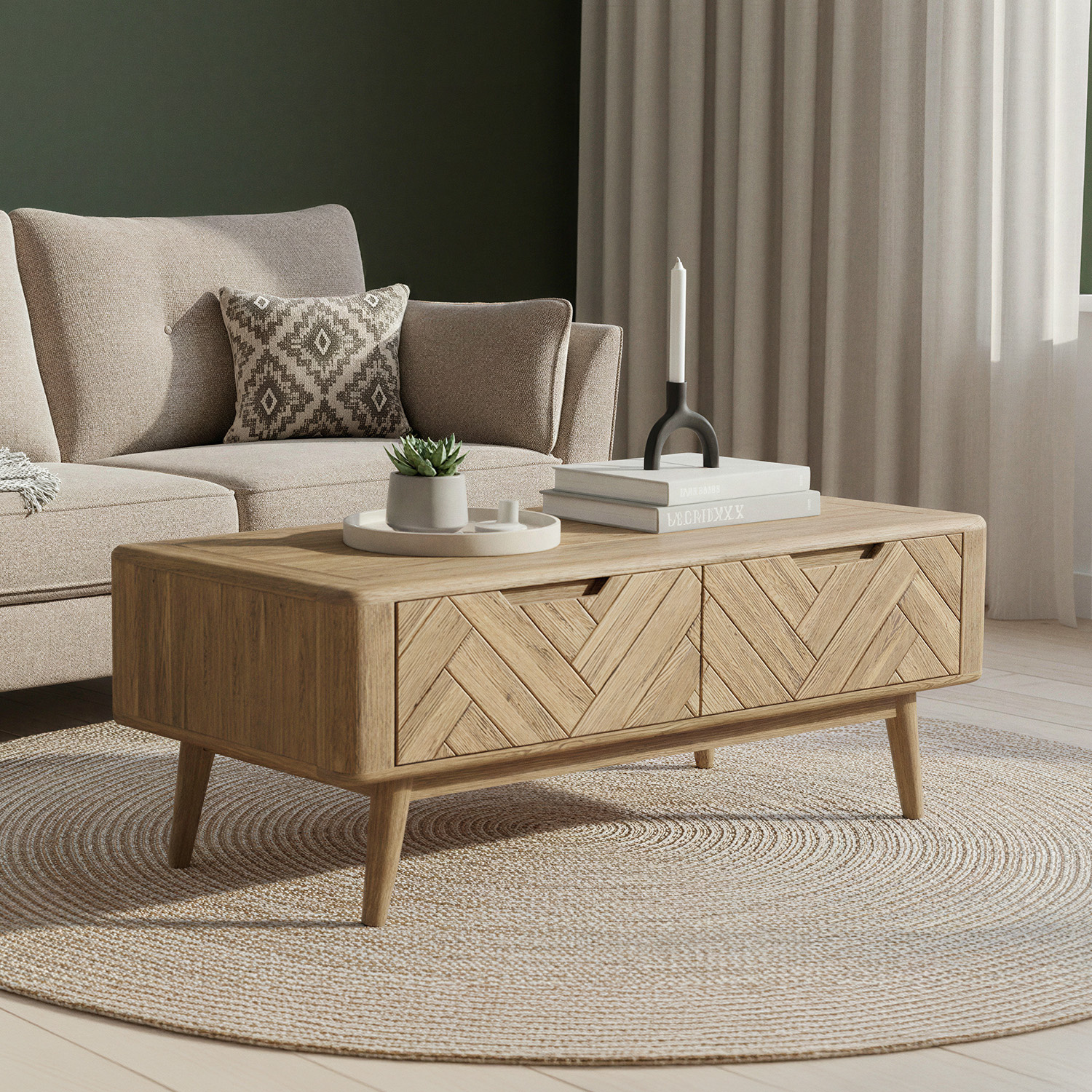 Solid Oak 4 Drawer Storage Coffee Table Herringbone Detail