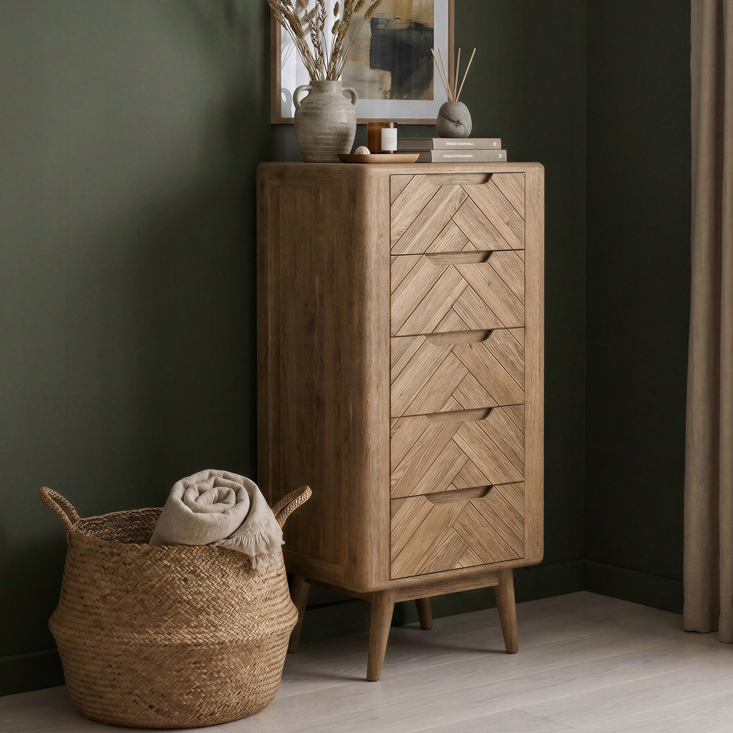 Solid Oak 5 Drawer Tallboy Chest | Herringbone Detail
