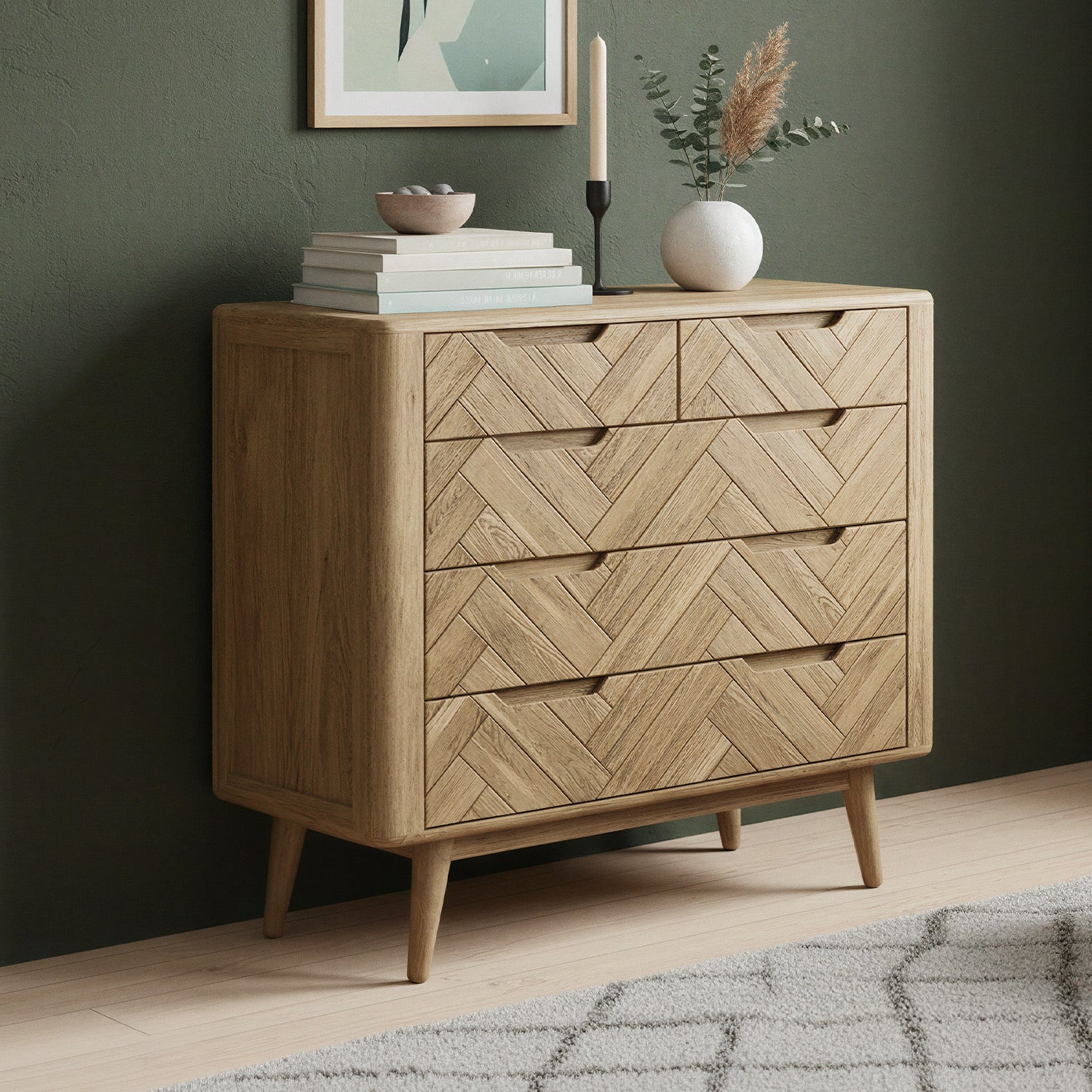 Solid Oak 2 Over 3 Chest of Drawers | Herringbone Detail