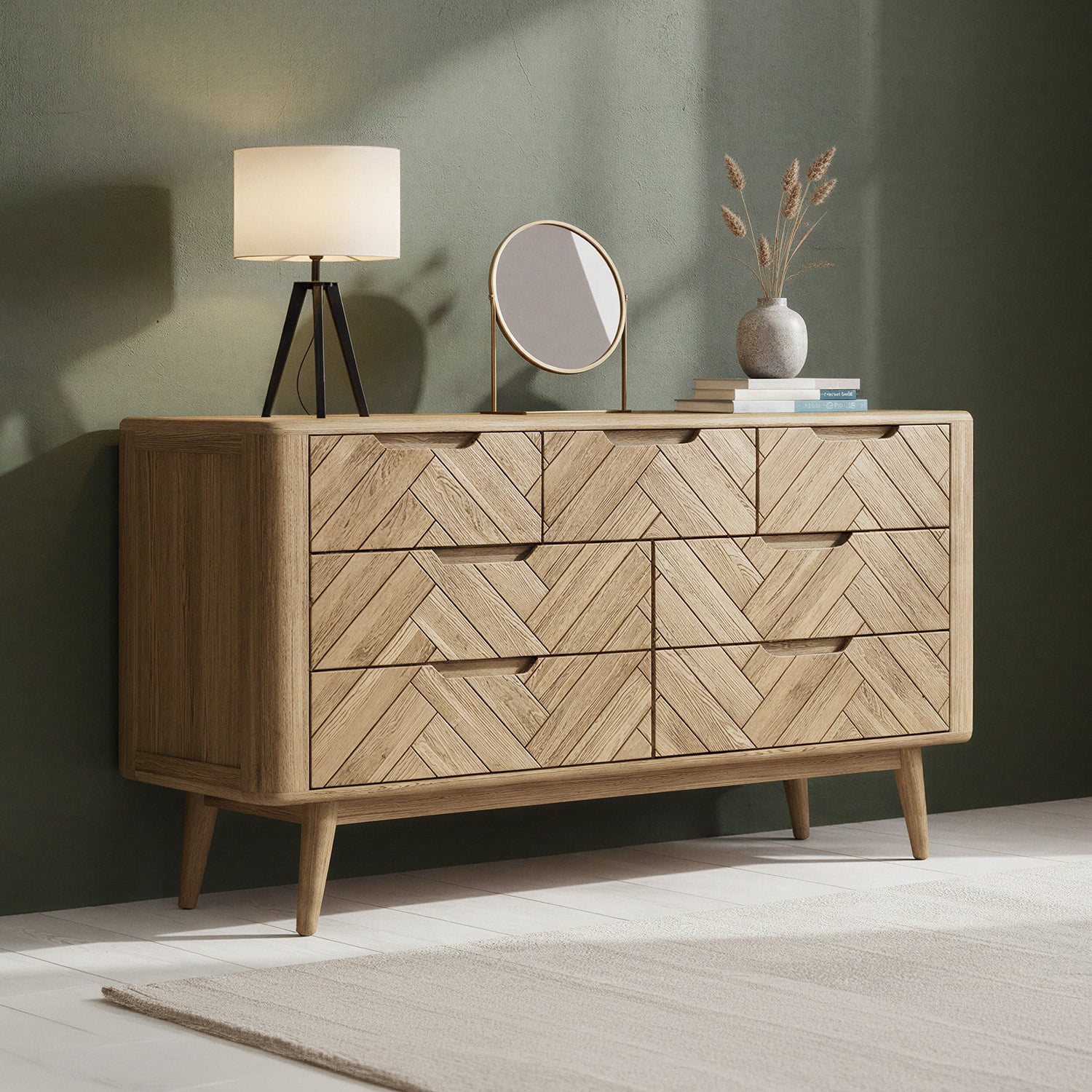 Solid Oak Wide Chest of Drawers | Herringbone Detail