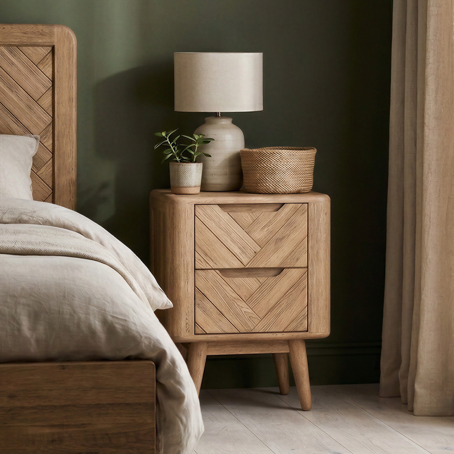 Solid Oak 2 Drawer Bedside Chest | Herringbone Detail