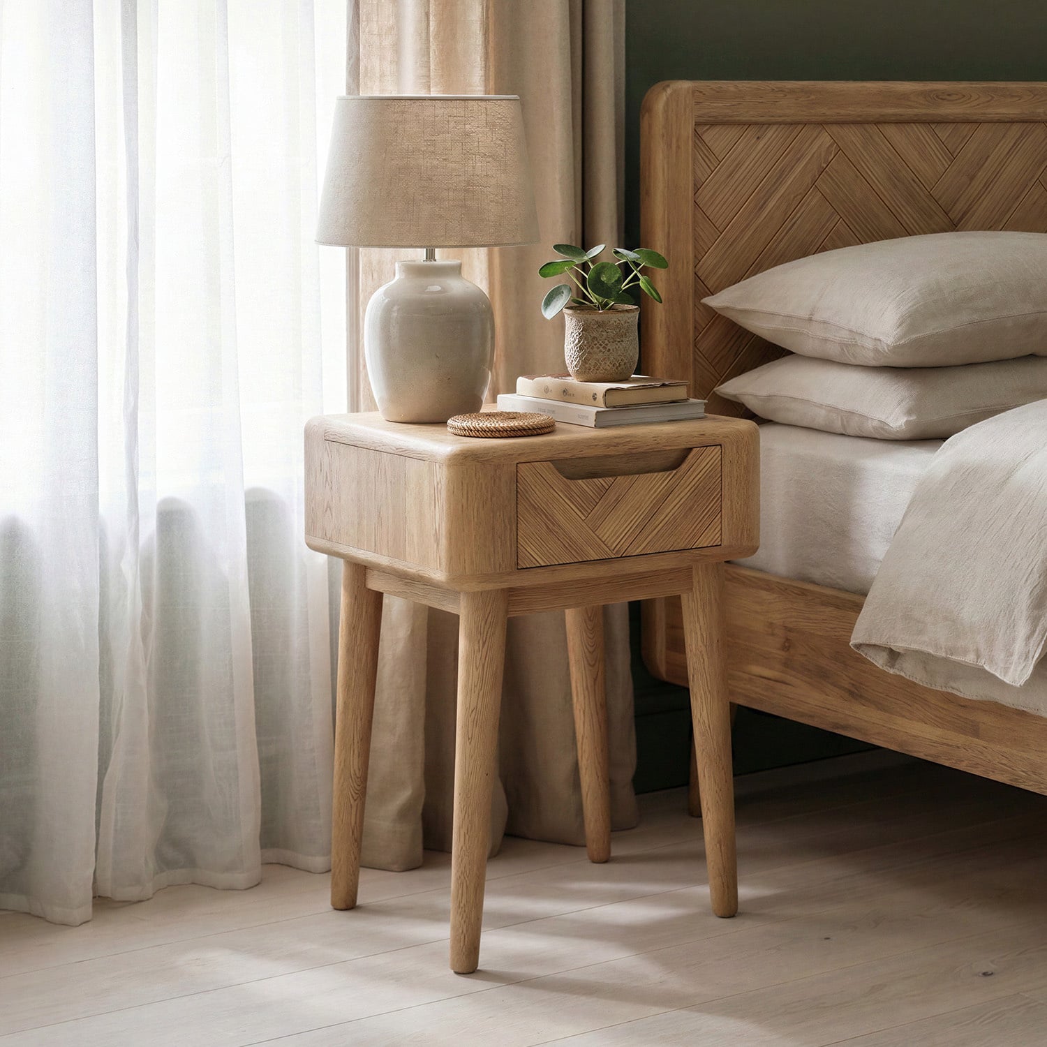 Solid Oak Bedside Lamp Table | Herringbone Detail