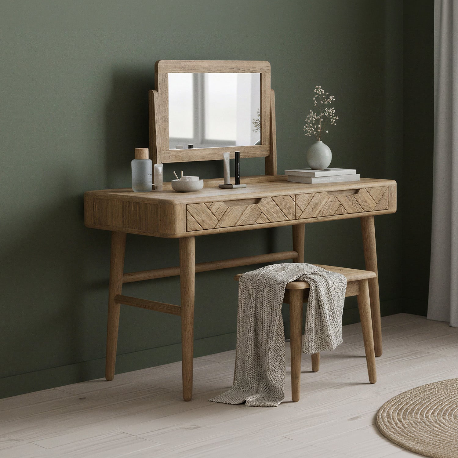 Solid Oak Dressing Table Set | Herringbone Detail