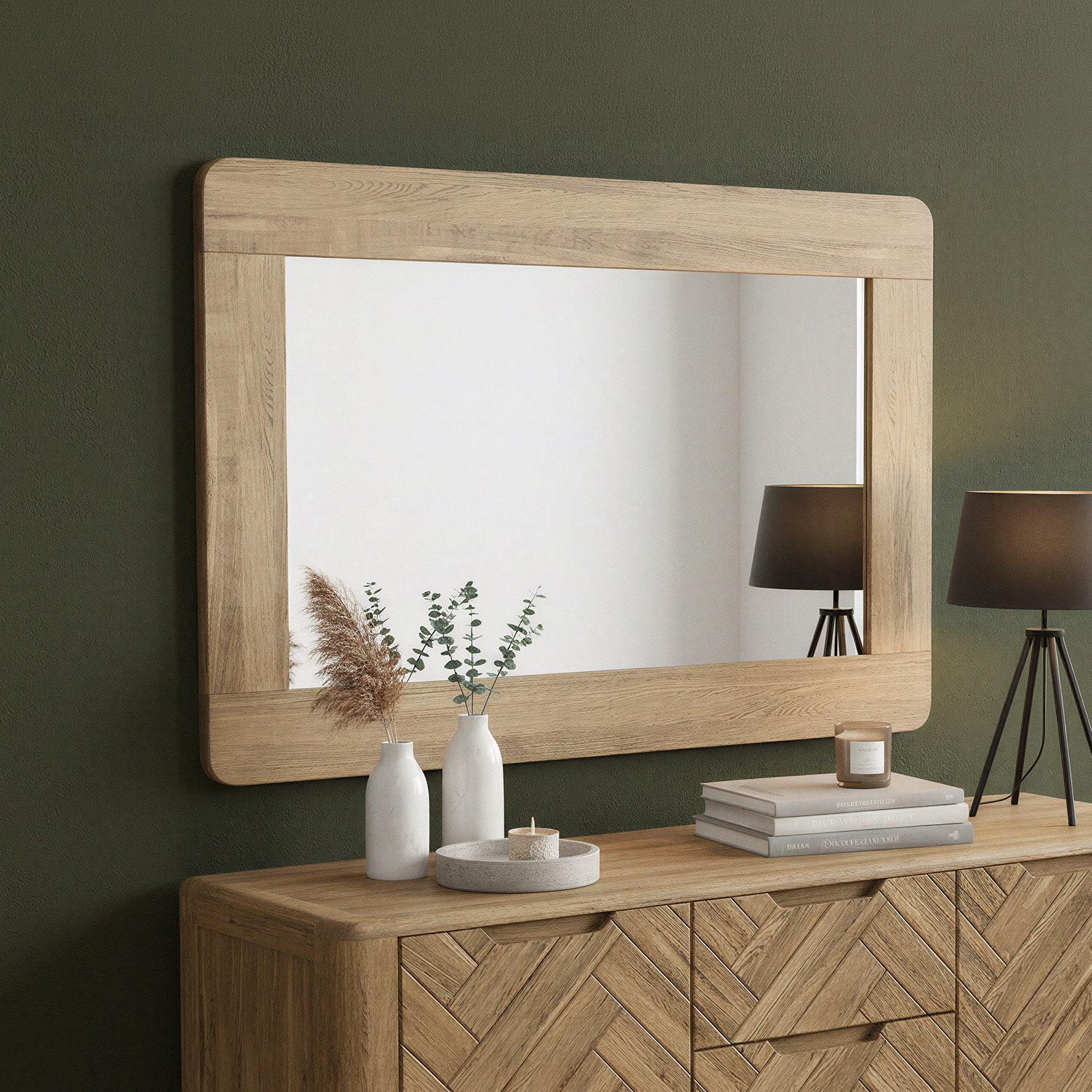 Solid Oak Wall Mirror | Herringbone Detail