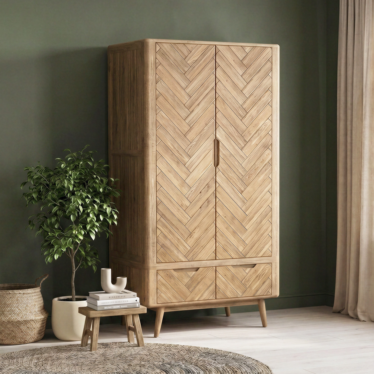 Solid Oak Double Wardrobe | Herringbone Detail
