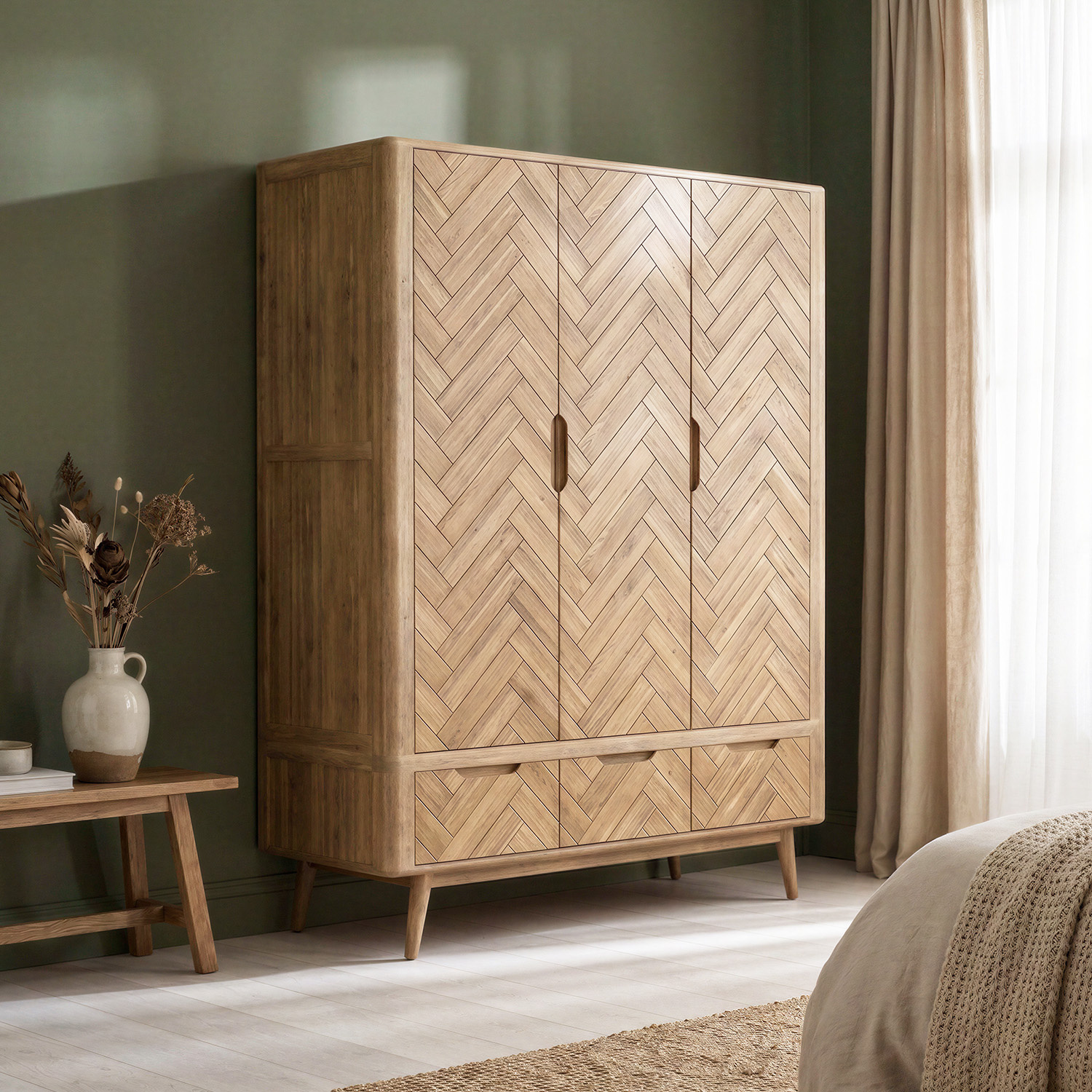 Solid Oak Triple Wardrobe Herringbone Detail