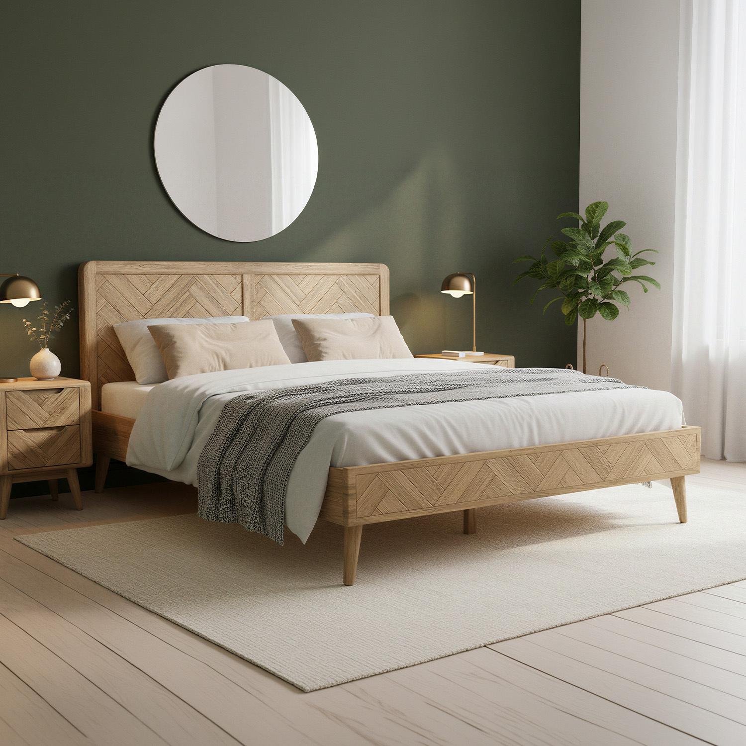 Solid Oak King Size Bed | Herringbone Detail