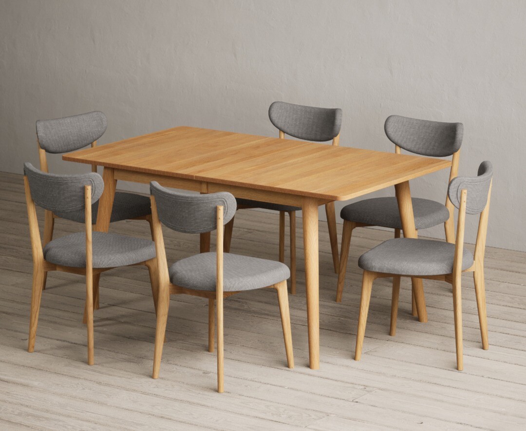 Extending Ruben 150cm Retro Oak Dining Table with 6 White Nordic Chairs