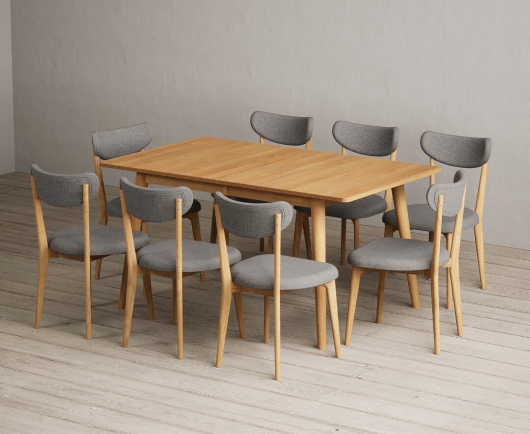 Extending Ruben 150cm Retro Oak Dining Table with 8 Grey Nordic Chairs