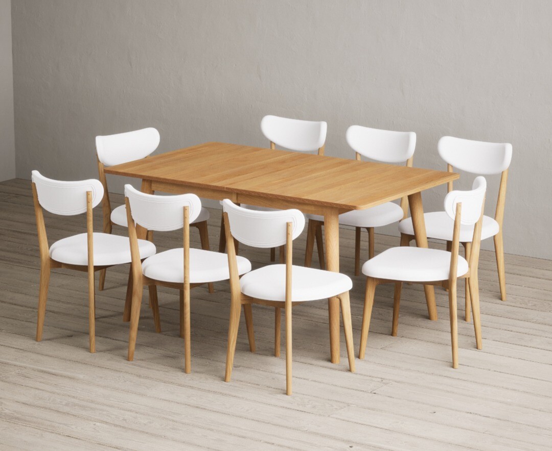 Extending Ruben 150cm Retro Oak Dining Table with 8 Grey Nordic Chairs