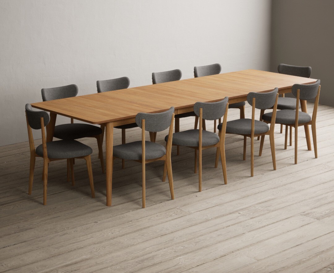 Extending Ruben 200cm Retro Oak Dining Table with 10 Grey Nordic Chairs