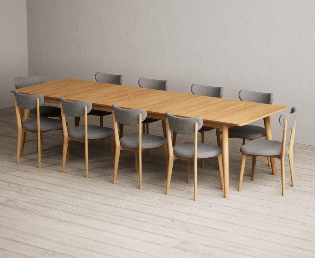 Extending Ruben 200cm Retro Oak Dining Table with 8 Grey Nordic Chairs