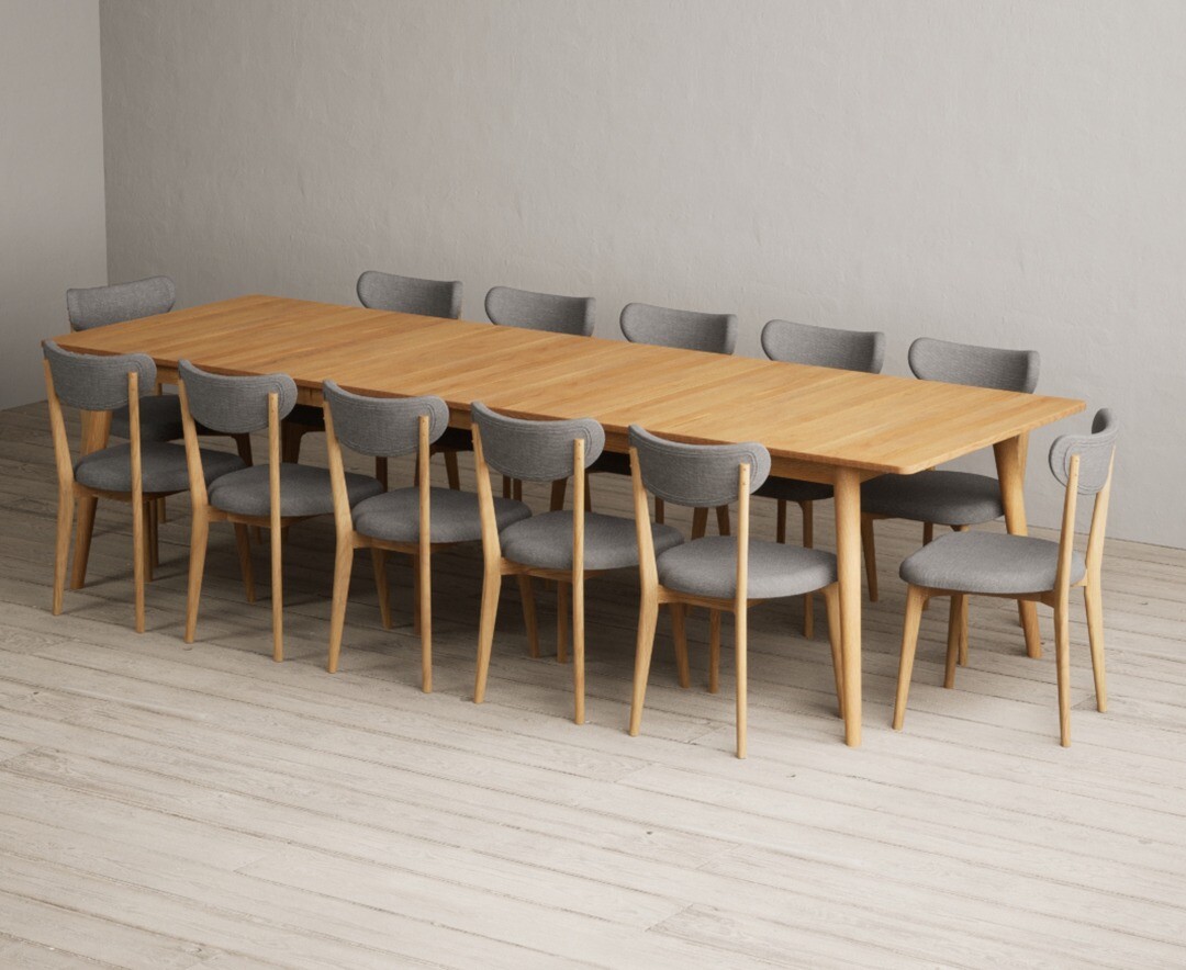 Extending Ruben 200cm Retro Oak Dining Table with 12 Grey Nordic Chairs