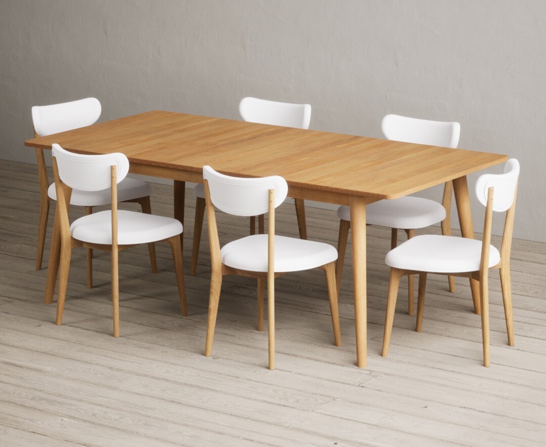 Extending Ruben 200cm Retro Oak Dining Table With 8 White Nordic Chairs