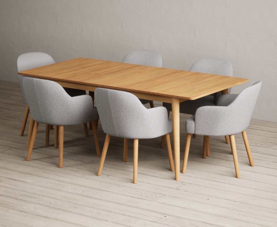 Extending Ruben 200cm Retro Oak Dining Table With 12 Light Grey Oliver Chairs