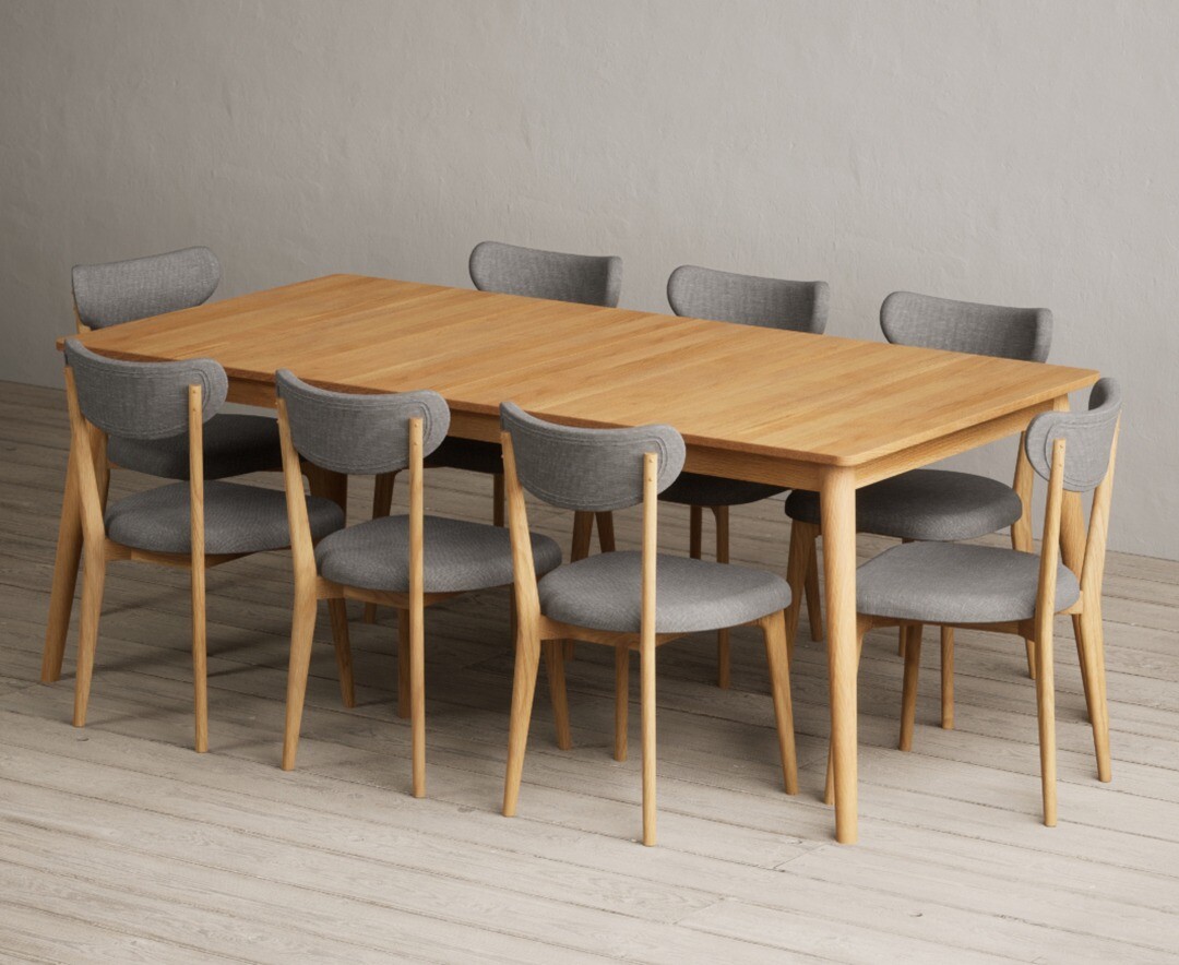 Extending Ruben 200cm Retro Oak Dining Table with 8 Grey Nordic Chairs