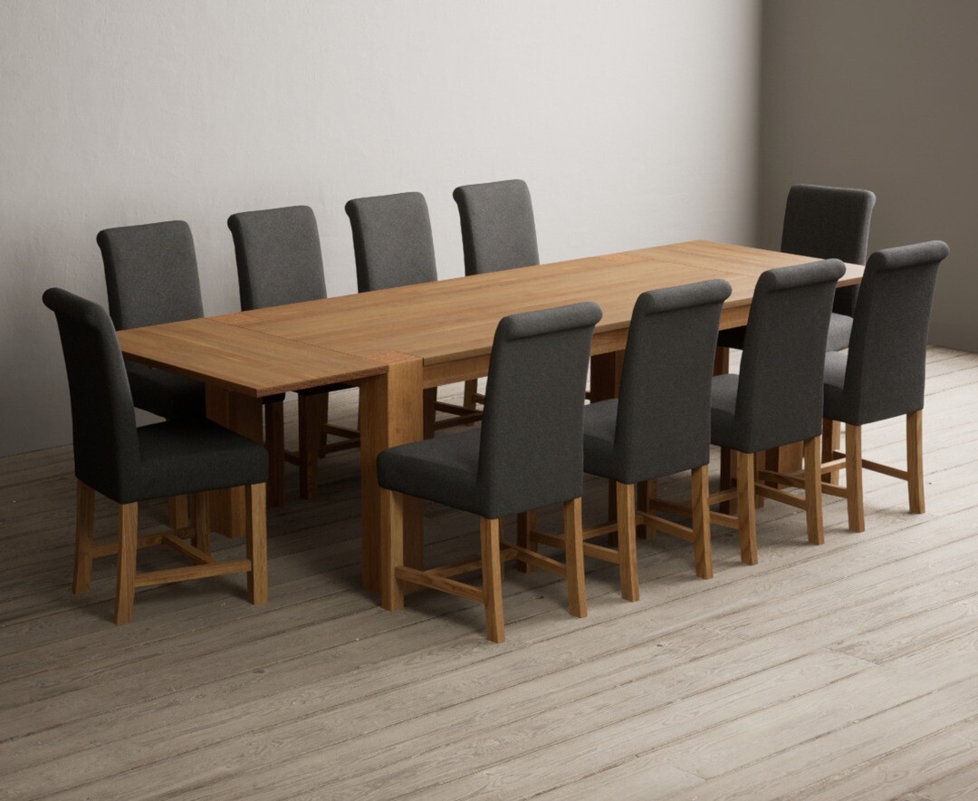 Sheringham 200cm Solid Oak Dining Table with Sheringham Oak Extensions (Pair) with 12 Charcoal Grey Braced Chairs