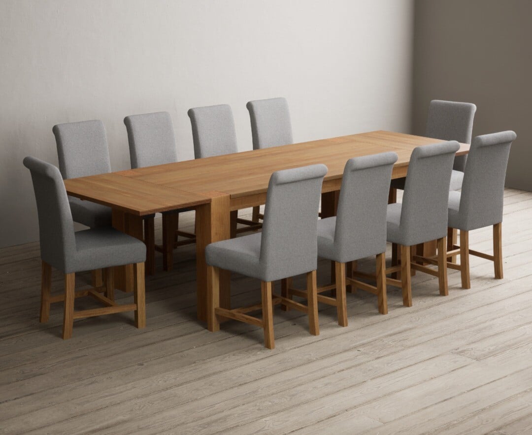 Sheringham 200cm Solid Oak Dining Table with Sheringham Oak Extensions (Pair) with 12 Charcoal Grey Braced Chairs