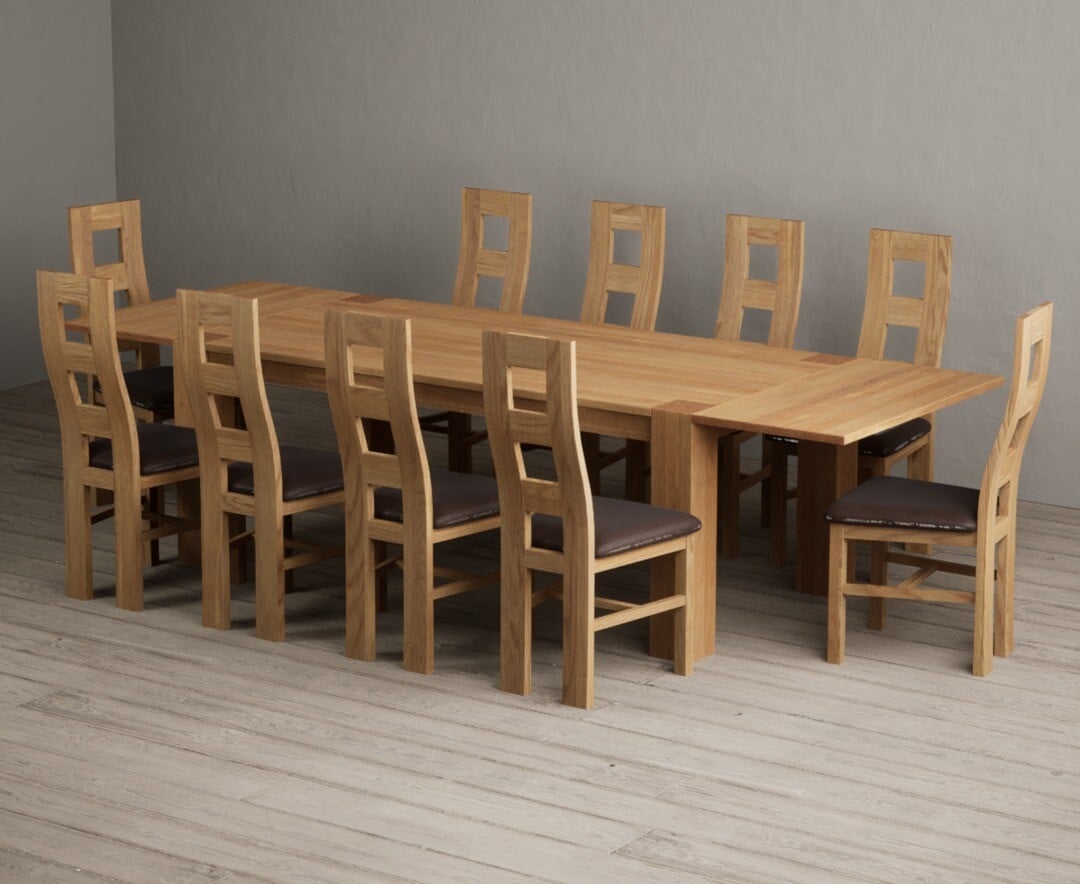 Sheringham 200cm Solid Oak Dining Table with Sheringham Oak Extensions (Pair) with 12 Charcoal Grey Natural Solid Oak Chairs