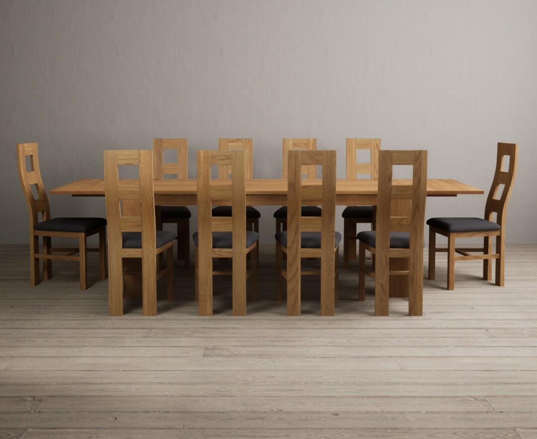 Sheringham 200cm Solid Oak Dining Table with Sheringham Oak Extensions (Pair) with 12 Charcoal Grey Natural Solid Oak Chairs