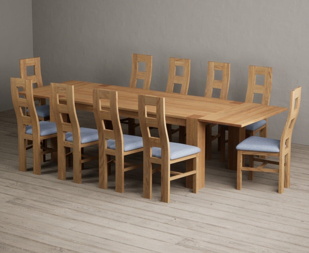 Sheringham 200cm Solid Oak Dining Table with Sheringham Oak Extensions (Pair) with 12 Charcoal Grey Natural Solid Oak Chairs