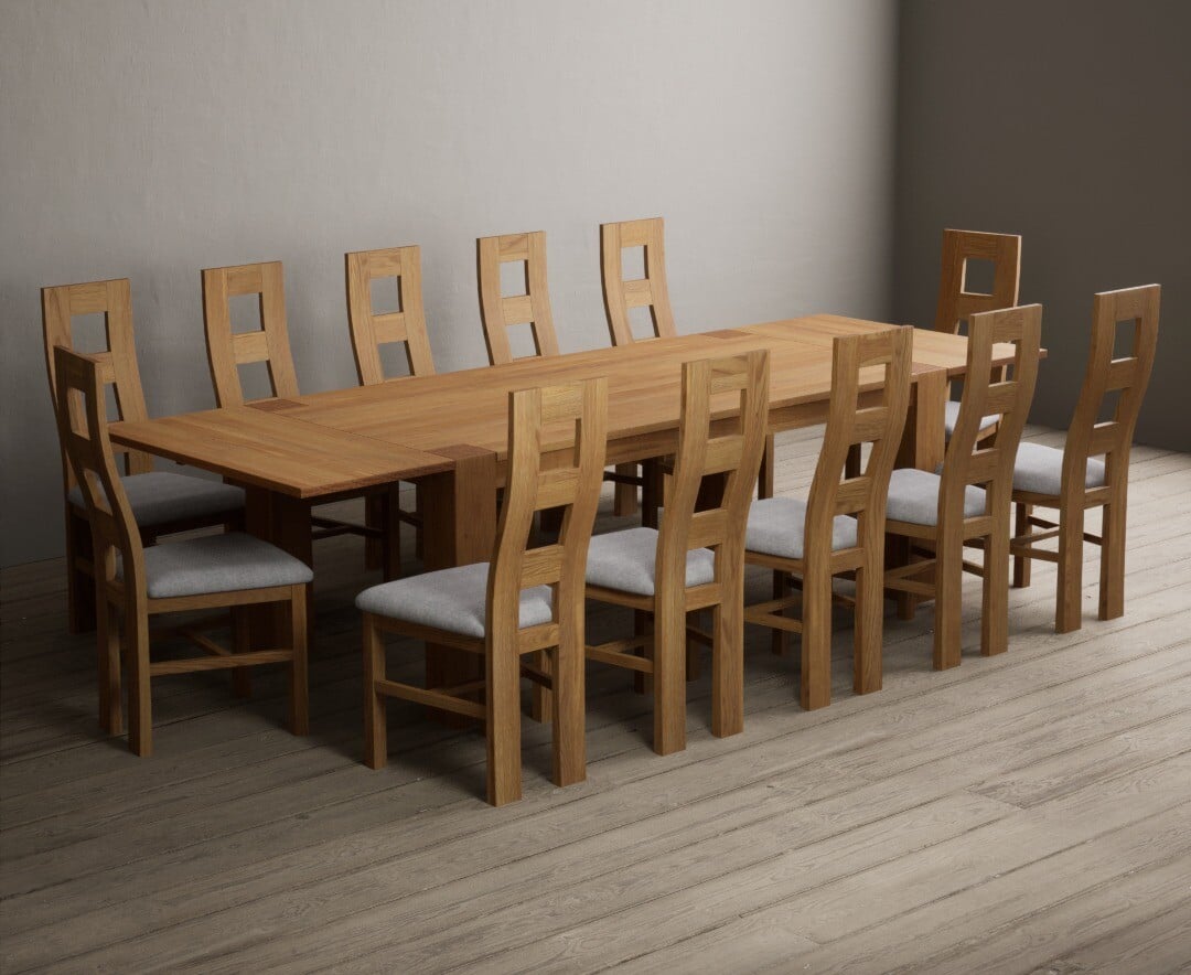 Sheringham 200cm Solid Oak Dining Table with Sheringham Oak Extensions (Pair) with 12 Charcoal Grey Natural Solid Oak Chairs