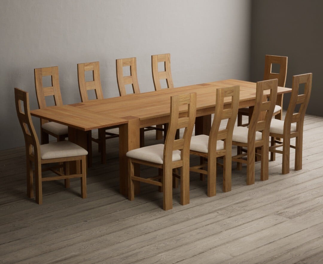 Sheringham 200cm Solid Oak Dining Table with Sheringham Oak Extensions (Pair) with 12 Charcoal Grey Natural Solid Oak Chairs