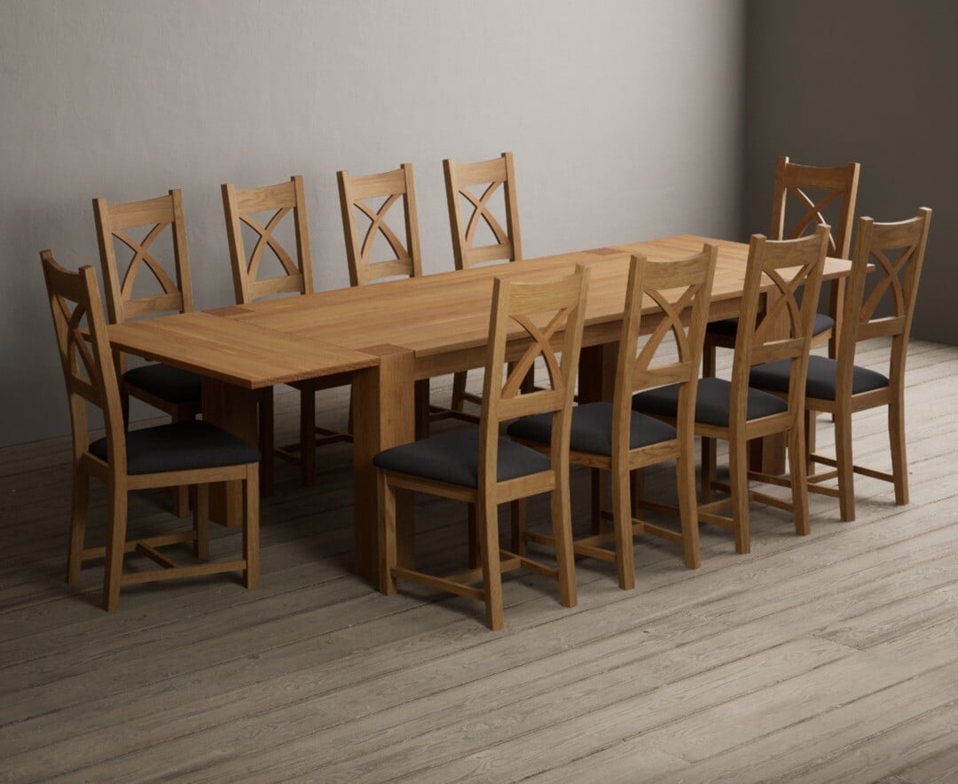 Sheringham 200cm Solid Oak Dining Table with Sheringham Oak Extensions (Pair) with 12 Charcoal Grey Natural Solid Oak Chairs