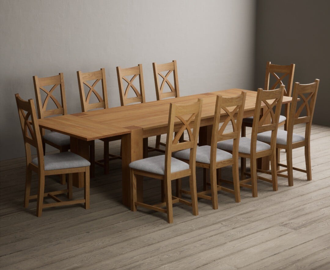 Sheringham 200cm Solid Oak Dining Table with Sheringham Oak Extensions (Pair) with 12 Charcoal Grey Natural Solid Oak Chairs