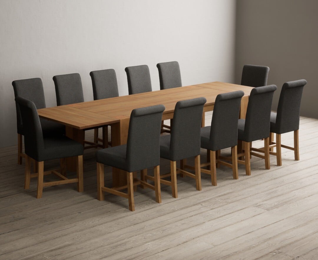 Sheringham 200cm Solid Oak Dining Table with Sheringham Oak Extensions (Pair) with 12 Charcoal Grey Braced Chairs