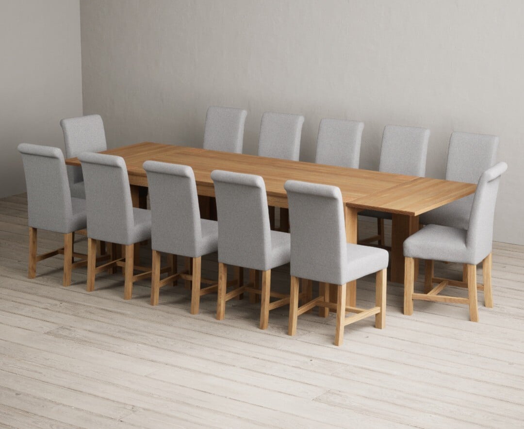 Sheringham 200cm Solid Oak Dining Table with Sheringham Oak Extensions (Pair) with 12 Charcoal Grey Braced Chairs