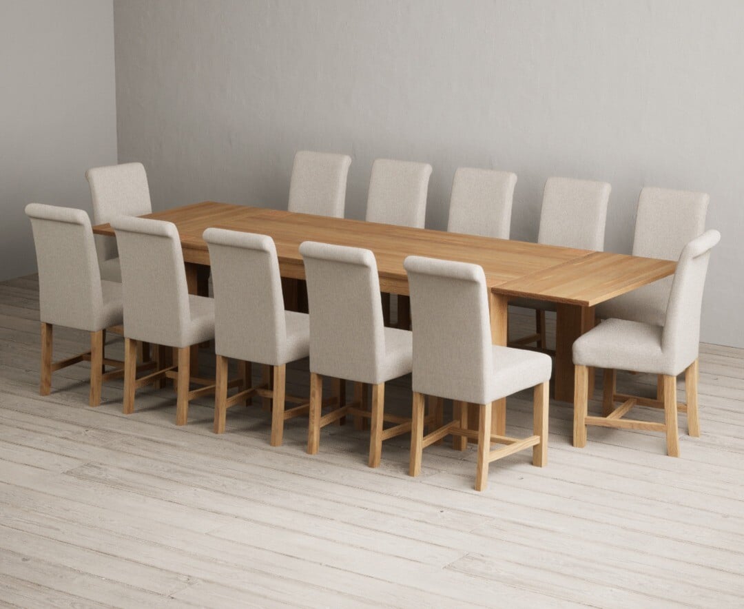 Sheringham 200cm Solid Oak Dining Table with Sheringham Oak Extensions (Pair) with 12 Charcoal Grey Braced Chairs