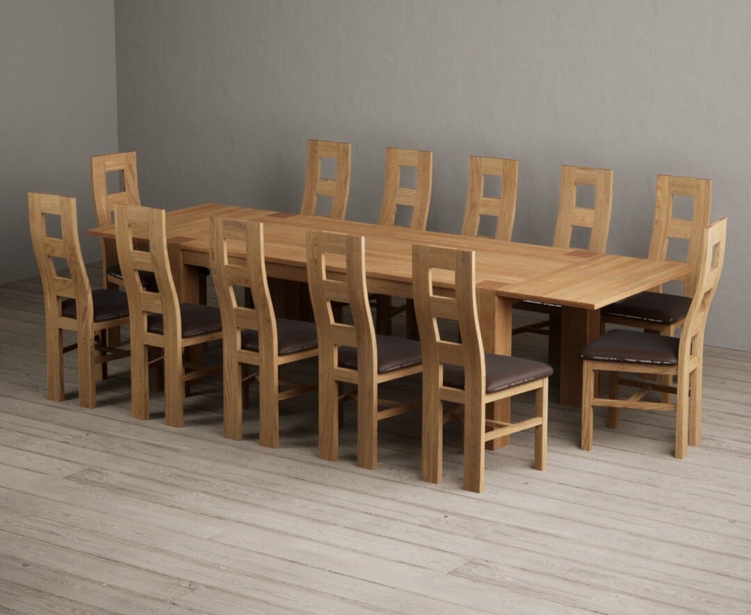 Sheringham 200cm Solid Oak Dining Table with Sheringham Oak Extensions (Pair) with 12 Charcoal Grey Natural Solid Oak Chairs